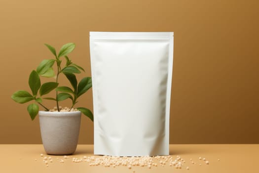 White Blank Coffee bag Pack Mockup Stand Up with pastel natural theme background Generative AI.