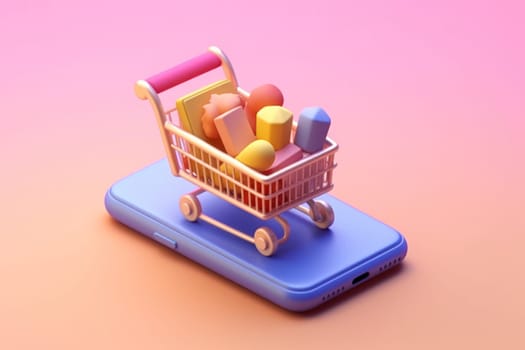 Online shopping isometric concept Shopping cart and mobile Tiny 3D render Generative AI.