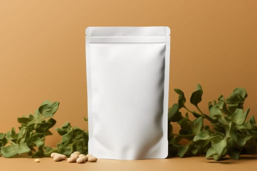 White Blank Coffee bag Pack Mockup Stand Up with pastel natural theme background Generative AI.
