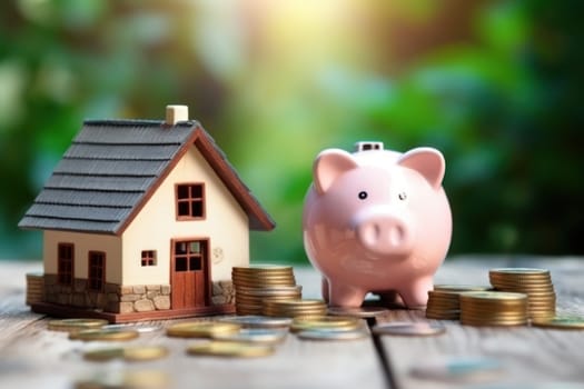 Model house piggy bank and coin Generative AI.