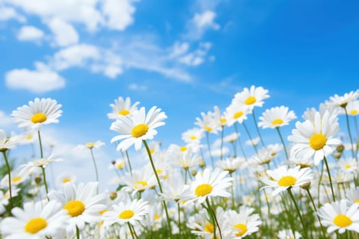 Field of blooming Daisies and blue sky Generative AI.