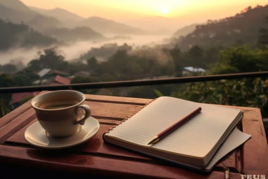notebook pencil and cup of coffee prepare to write at the balcony and mountain view Generative AI.