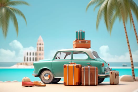 Summer vacation travel holiday van and beach accessories with beautiful sea background Generative AI.