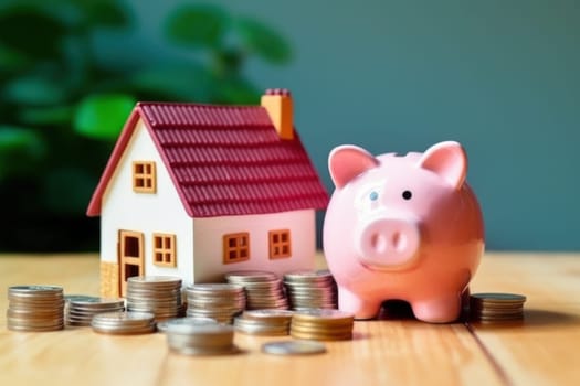 Model house piggy bank and coin Generative AI.