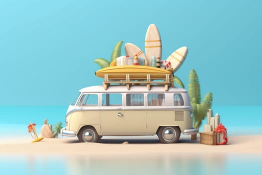 Summer vacation travel holiday van and beach accessories with beautiful sea background Generative AI.