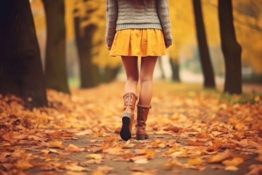 Children or human walking in autumn leaves focus leg Generative AI.