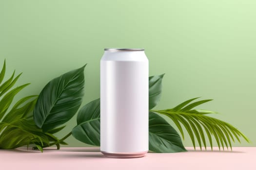 White Blank beer can Mockup with natural theme background Generative AI.