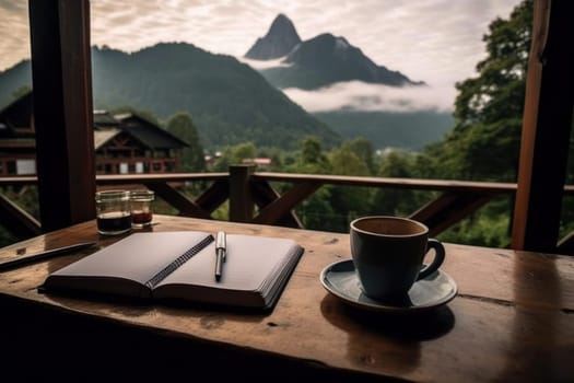 notebook pencil and cup of coffee prepare to write at the balcony and mountain view Generative AI.