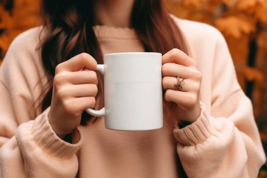 Closeup of hand holding of white mug or cup isolated Generative AI.