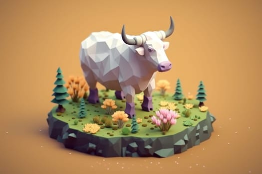 A bull ox walking in forest 3D Tiny cute isometric Generative AI.