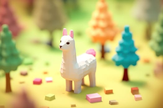 A alpaca walking in forest 3D Tiny cute isometric Generative AI.
