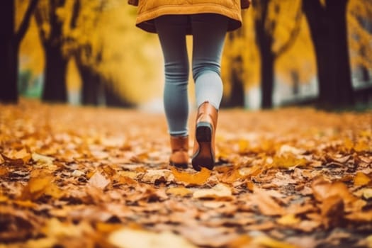 Children or human walking in autumn leaves focus leg Generative AI.