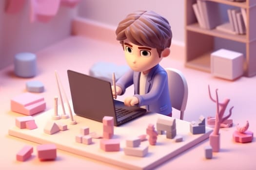 A business boy working with laptop on desk Tiny cute isometric 3D render Generative AI.