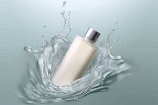 Cream bottle mock up in water splash background 3D render Generative AI.