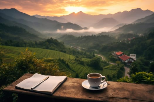notebook pencil and cup of coffee prepare to write at the balcony and mountain view Generative AI.