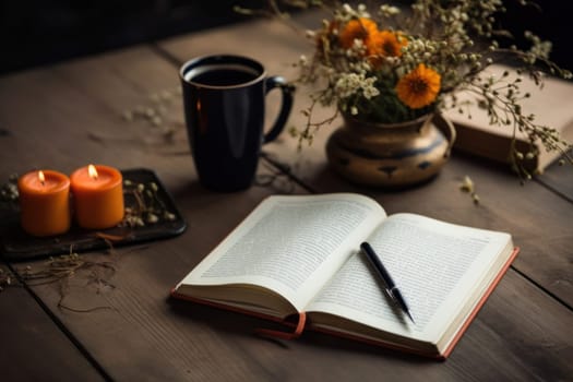 A coffee cup is placed on the table there is a book on the side simple scene Generative AI.