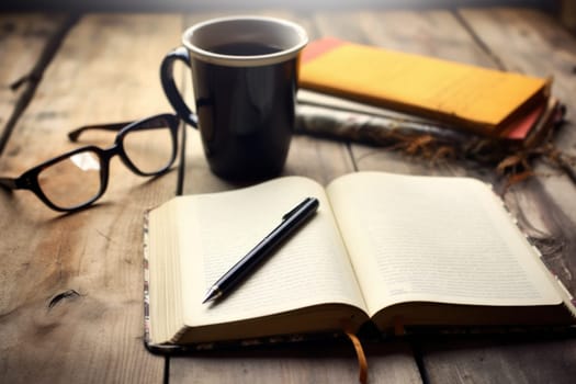 A coffee cup is placed on the table there is a book on the side simple scene Generative AI.