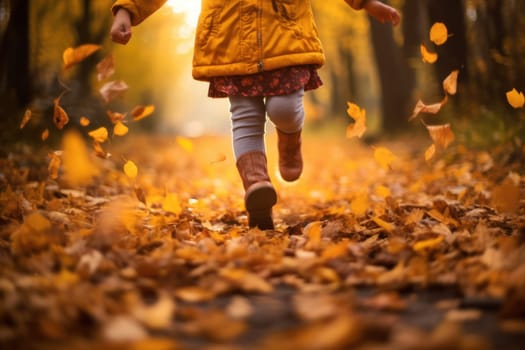 Children or human walking in autumn leaves focus leg Generative AI.