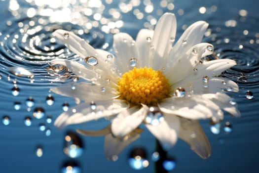 Fresh white daisy with water droplets and a reflection Generative AI.