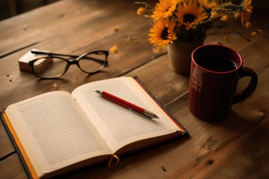 A coffee cup is placed on the table there is a book on the side simple scene Generative AI.