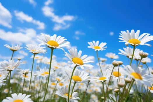 Field of blooming Daisies and blue sky Generative AI.