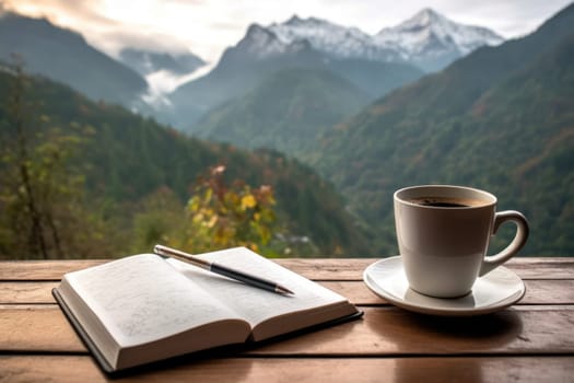 notebook pencil and cup of coffee prepare to write at the balcony and mountain view Generative AI.
