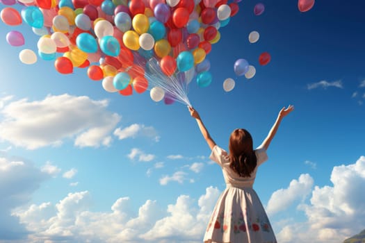 Creative scene with a hand holding a bunch of colorful balloons Generative AI.