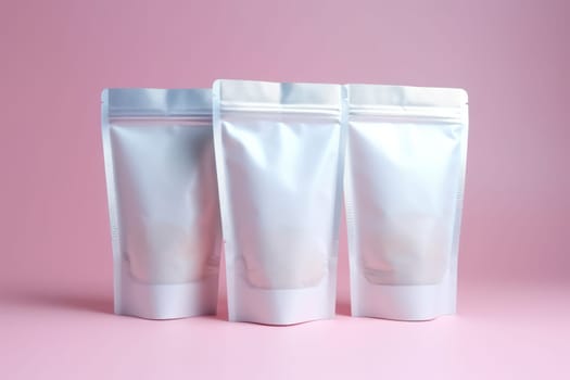 White Blank Coffee bag Pack Mockup Stand Up with pastel natural theme background Generative AI.