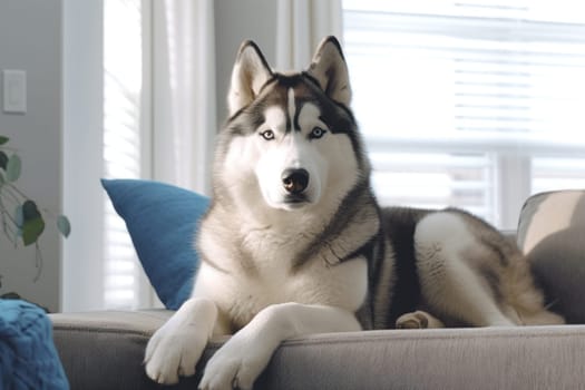 Husky sitting in a home living room Generative AI.