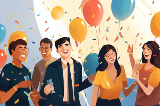 Group of successful happy business people in office celebrating Generative AI.