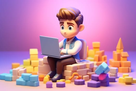 A business boy working with laptop on desk Tiny cute isometric 3D render Generative AI.