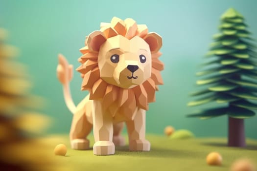 A lion walking in forest 3D Tiny cute isometric Generative AI.