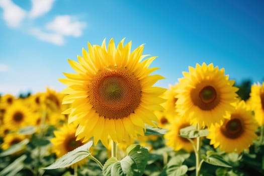 Field of blooming sunflowers and blue sky Generative AI.