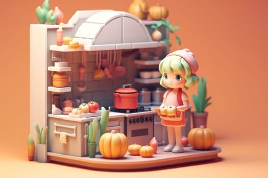 A girl cooking in kitchen room Tiny cute isometric 3D render Generative AI.