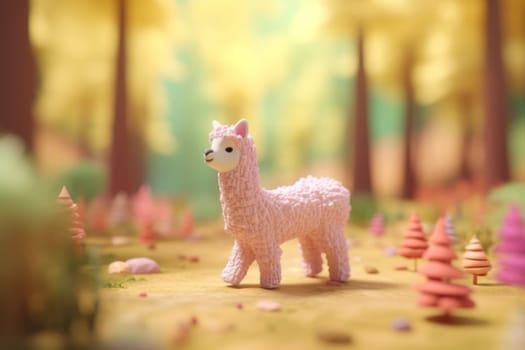A alpaca walking in forest 3D Tiny cute isometric Generative AI.