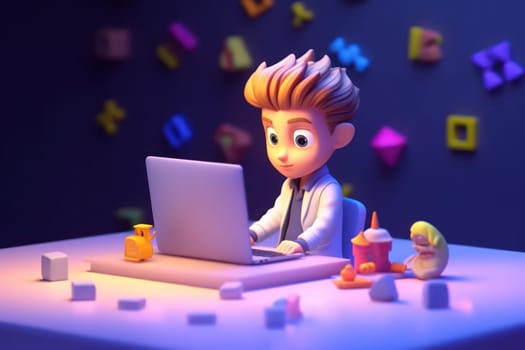 A business boy working with laptop on desk Tiny cute isometric 3D render Generative AI.