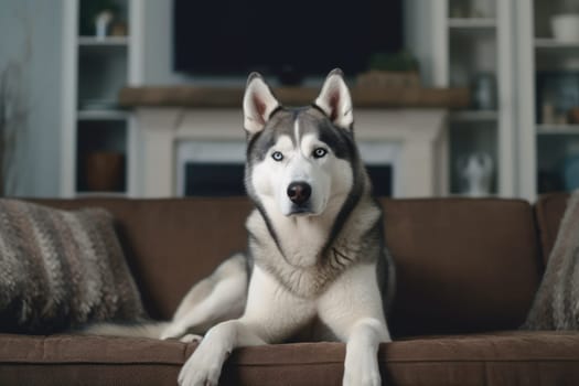 Husky sitting in a home living room Generative AI.