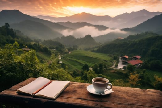 notebook pencil and cup of coffee prepare to write at the balcony and mountain view Generative AI.