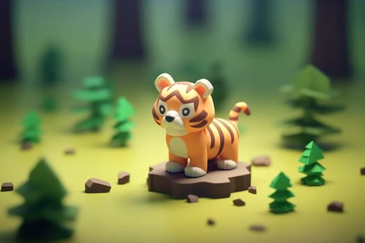 A Tiger walking in forest 3D Tiny cute isometric Generative AI.