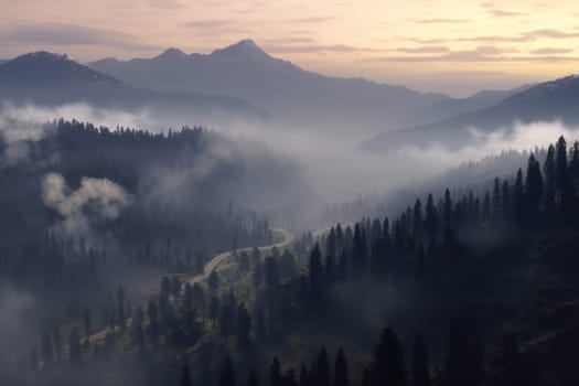 The mountains are covered in a layer of mist and clouds Generative AI.