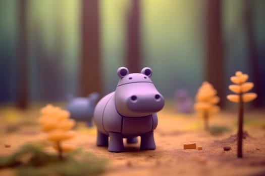 A hippopotamus walking in forest 3D Tiny cute isometric Generative AI.