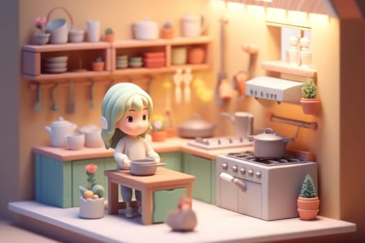 A girl cooking in kitchen room Tiny cute isometric 3D render Generative AI.