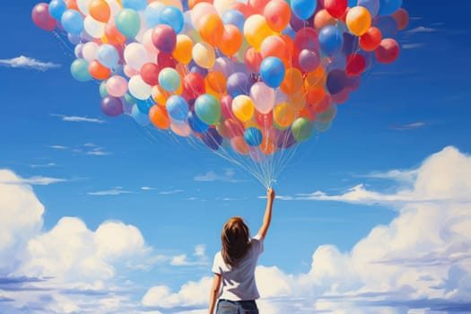 Creative scene with a hand holding a bunch of colorful balloons Generative AI.