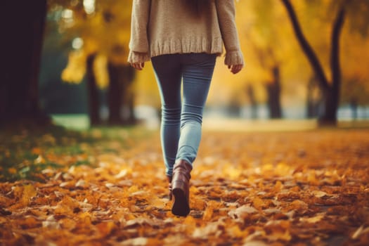 Children or human walking in autumn leaves focus leg Generative AI.