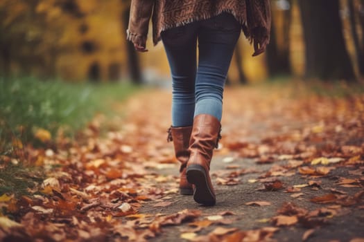Children or human walking in autumn leaves focus leg Generative AI.
