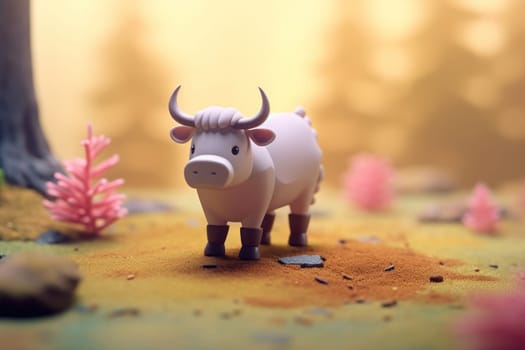 A bull ox walking in forest 3D Tiny cute isometric Generative AI.