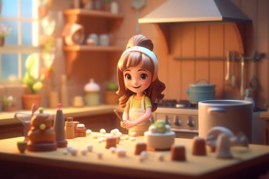 A girl cooking in kitchen room Tiny cute isometric 3D render Generative AI.