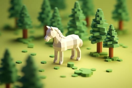 A horse walking in forest 3D Tiny cute isometric Generative AI.