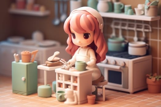 A girl cooking in kitchen room Tiny cute isometric 3D render Generative AI.