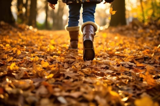 Children or human walking in autumn leaves focus leg Generative AI.